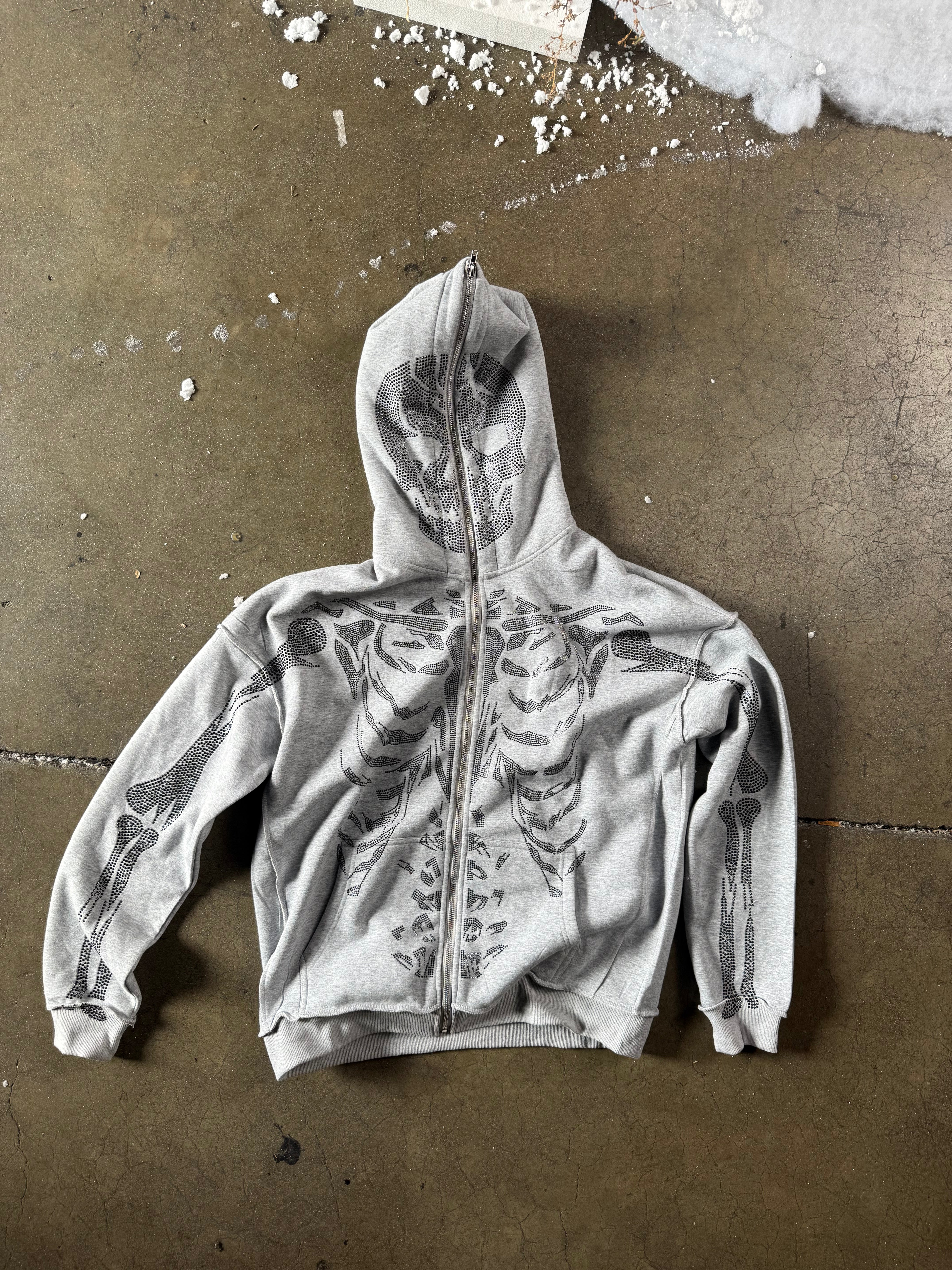 Full Zip Zip Up Hoodie With Rhinestones Rhinestone Skeleton Zip Up