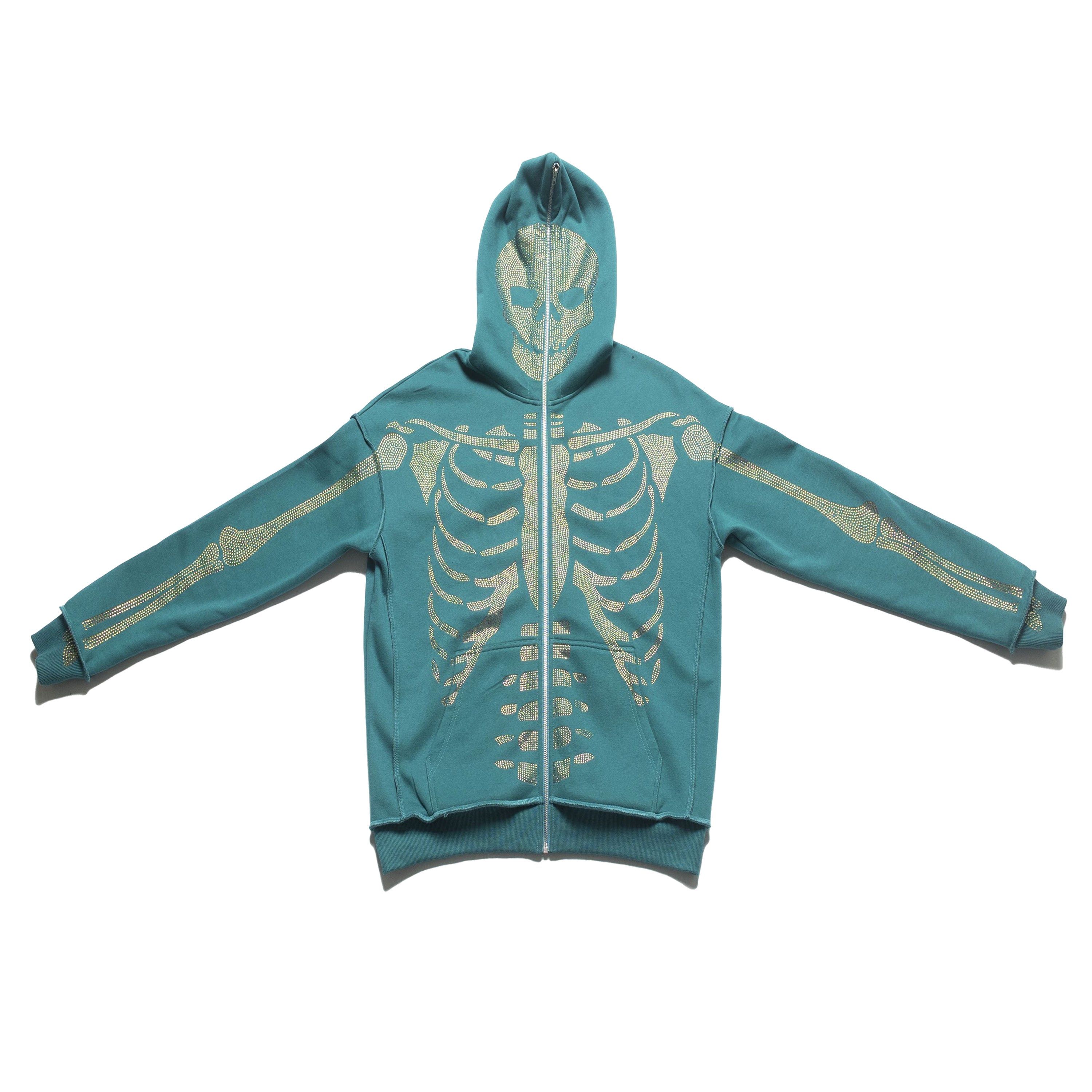 KL Skeleton Rhinestone Hoodie - Teal Blue / Iridescence Stones